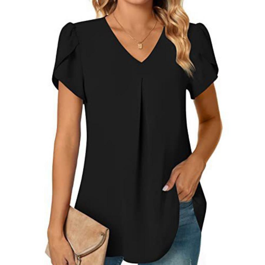 

Летняя рубашка с v-образным вырезом и рукавами-лепестками, женская однотонная блузка с коротким рукавом XXL чёрный