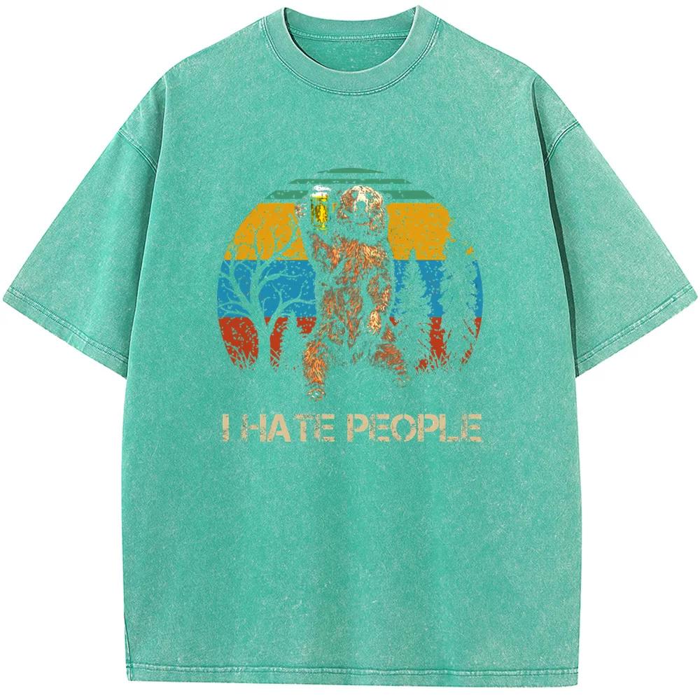 Beer and Bear Printed Men/Women Washed T-Shirt Cotton Funny Loose Bleached Tshirt Retro Bleach T shirt Tops