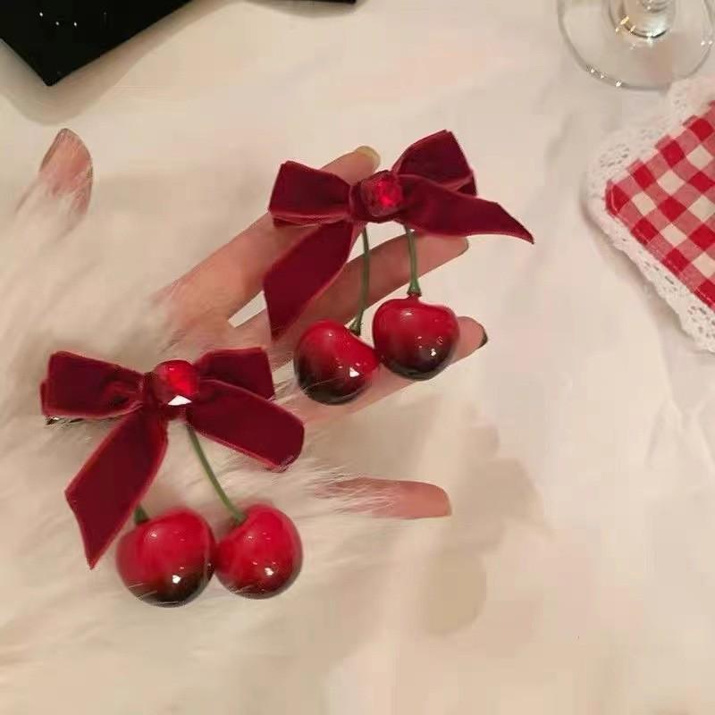 Women's Red Bow Cherry Hairpin Side Clip – Elegant Hair Accessory