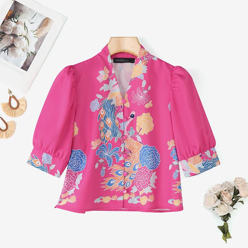 ZANZEA Women Casual V-Neck Summer Half Sleeve Print Blouse
