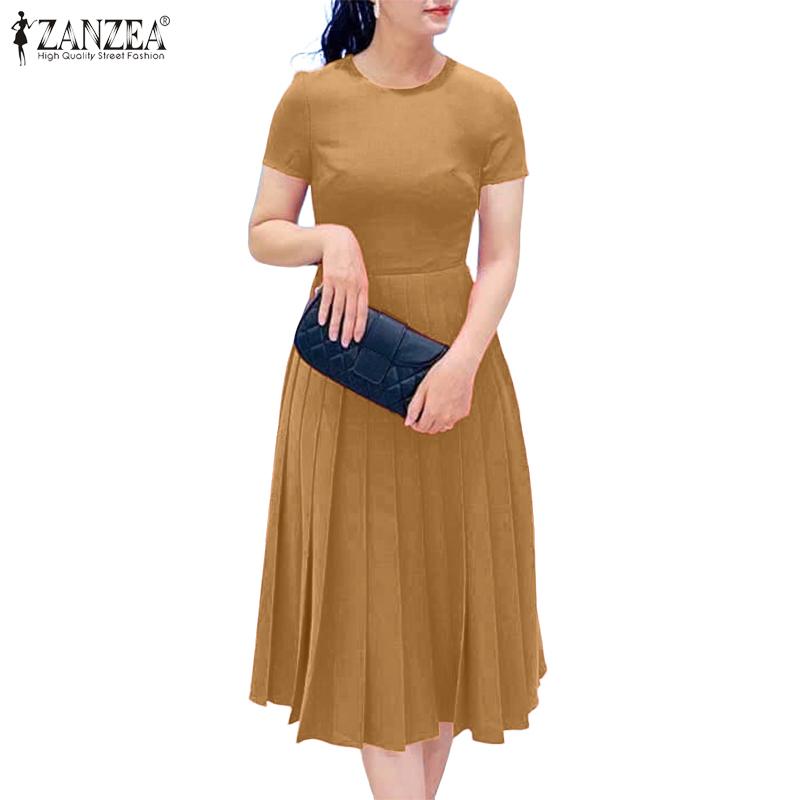 ZANZEA Vestido informal de verano para mujer, cuello redondo, color liso, manga corta