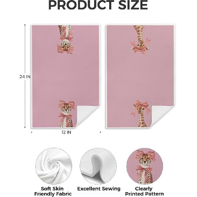 Pink Coquette Bow Leopard Giraffe Kitchen Towels Set of 2, Leopard Giraffe Decor Hand Towels for Bathroom, Pink Dish Tea Towels for Kitchen, Coquette