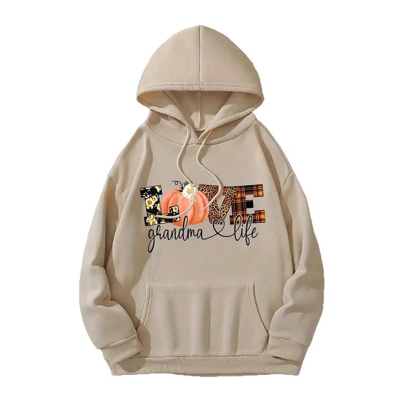 Ladies Spring Autumn Casual Hooded Long Sleeve Big Pocket Halloween LOVE Pumpkin Printed Pullover Hoodies Sweatshirt Top