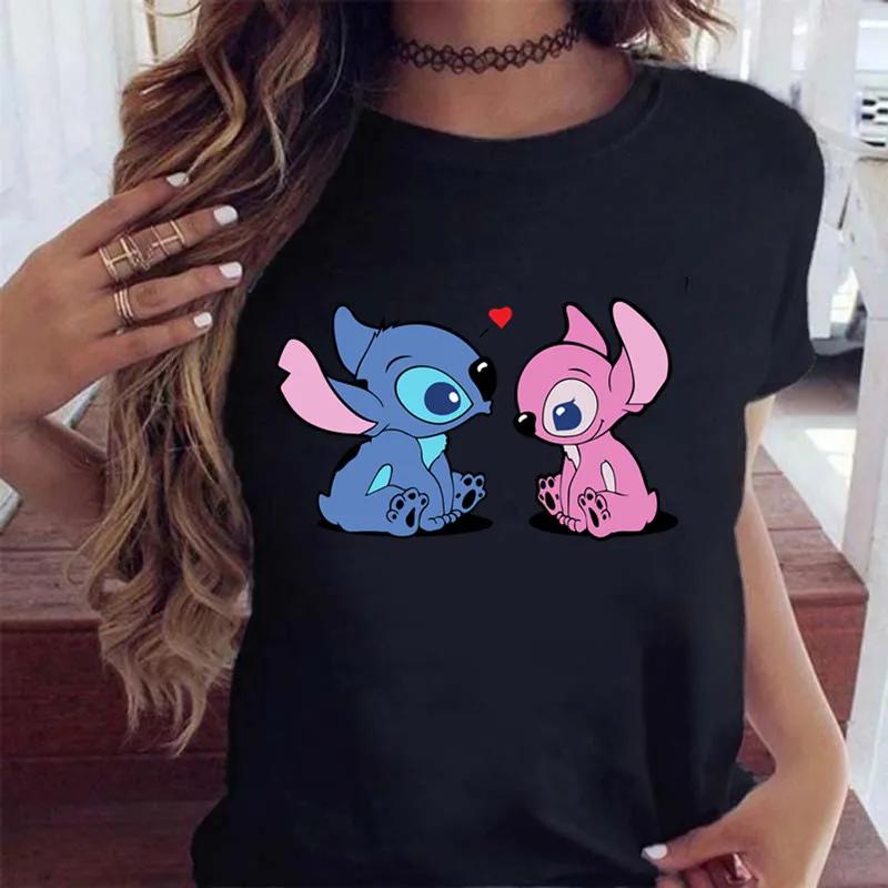 New Fashion Female Clothing Cartoon Disney Stitch Women's T-shirt Summer Short Sleeve Black Tops