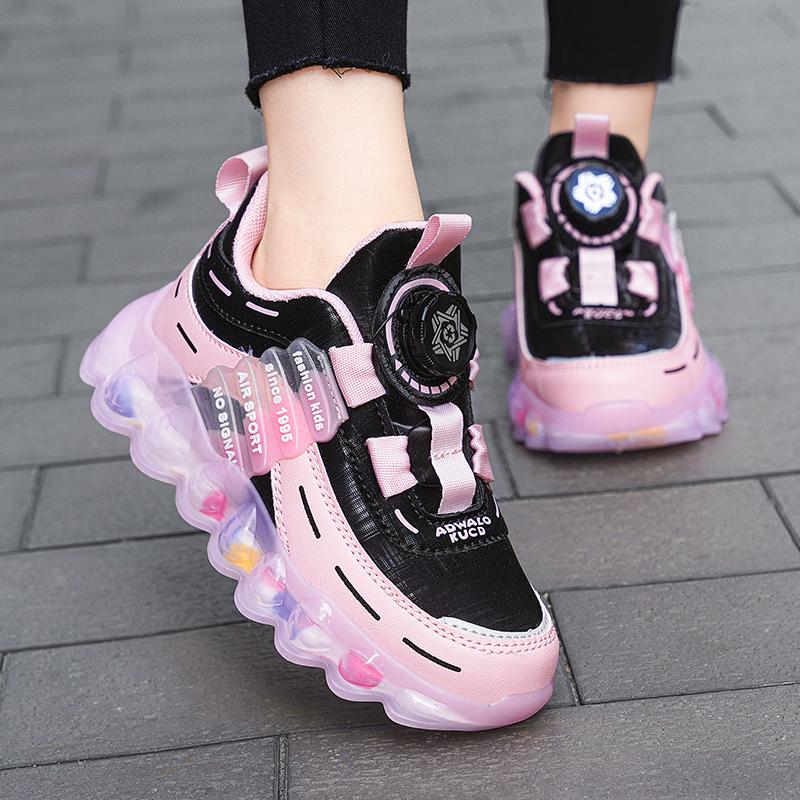28-38 Children's Pink Leather Waterproof Rotation Buttons Sports Shoes Boys Basketball Sports Shoes Girl Sports Shoes