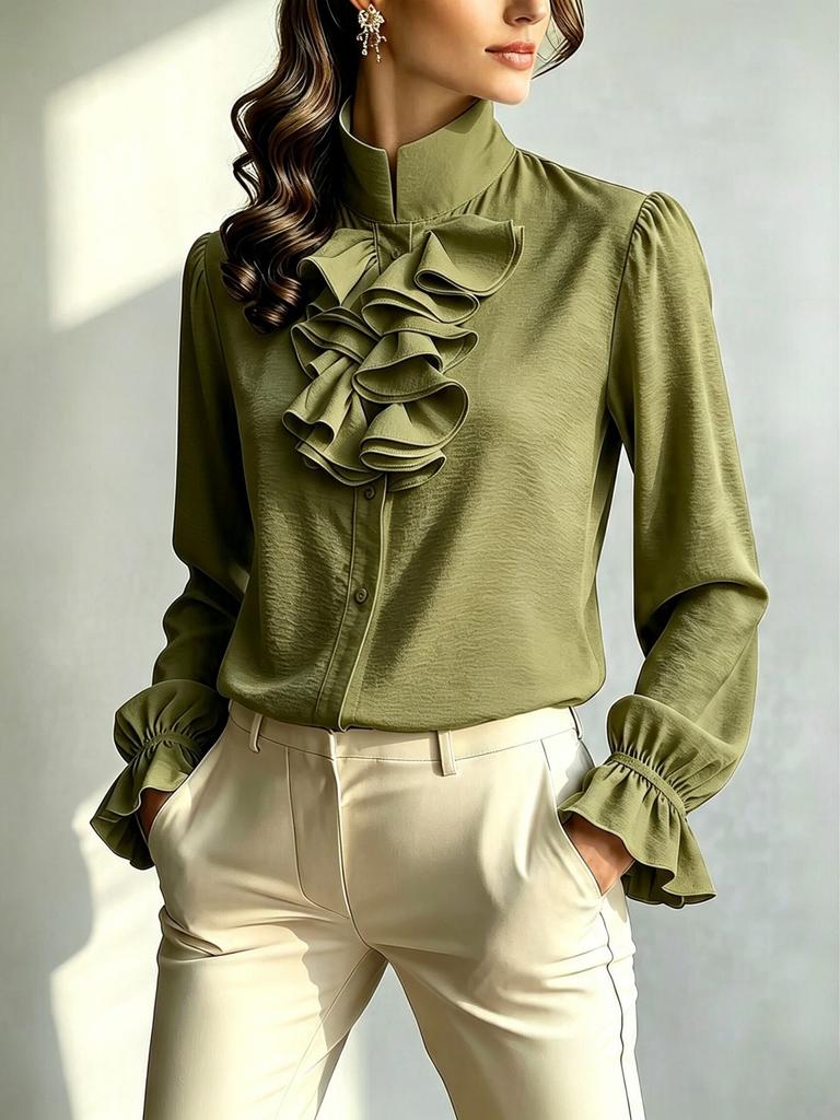 European and American Temperament Commuter Stand-up Collar Long-sleeved Polyester Shirt Women's Elegant Style Autumn New Solid Color Versatile Top
