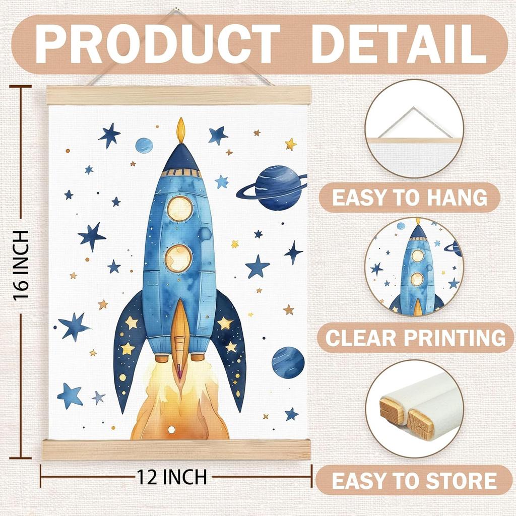 FDHSPAAM Space Rocket Kids Wall Art Decor, Space Nursery Decor, Fantasy Blue Spaceship Planet Star Wall Art Posters for Nursery Home Kids Boys