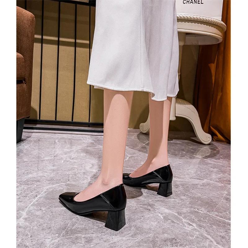 Fashion Thick Heel Square Head Patent Leather Single Shoes 2024 Spring Autumn Medium Heel Black High Heels Commuter Women's Shoes