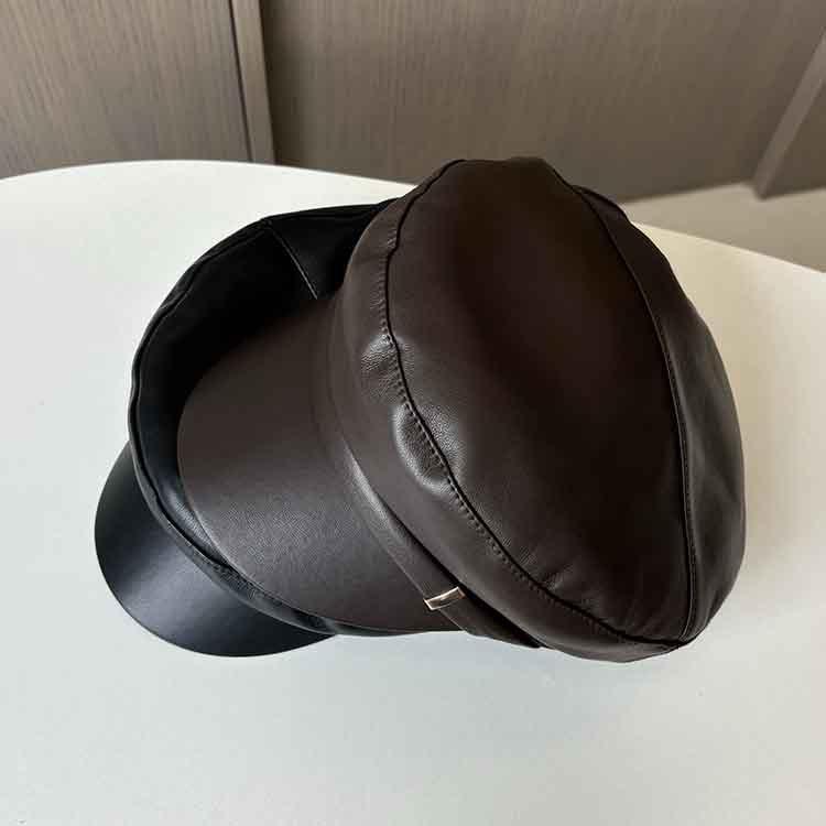 New Retro Pu Leather Octagonal Hat Women's Spring and Autumn Temperament Versatile Flat Top Face Little Painter Hat Newsboy Hat