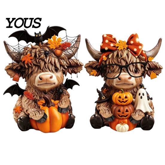 Home Decoration 2PCS Highland Cow Ornament, Wooden Rustic Style Figurine, Thanksgiving Fine Carving Wood Art Theme Art, for Entrance Living Room Decor