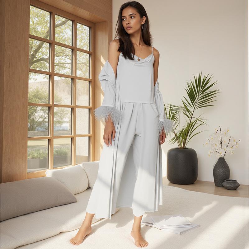 Elegantes Satin-Seiden-Pyjama-Set für Damen: Sommer-Feder-Bademantel, Langarm-Oberteil, Camisole & Hose - 1019