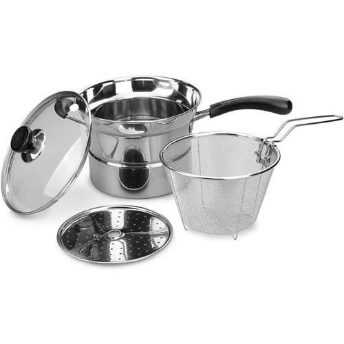 

Riuuyyi Deep Saucepan with Colander, Perfect for Pasta, Soba, Ramen, and Steaming, 22cm Tempura Pot with Glass Lid, Stainless Steel, and Compatible wi