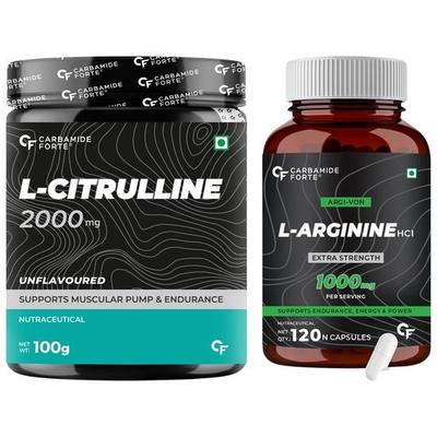 Carbamide Forte L Arginin 1000mg Nahrungsergänzungsmittel pro Portion - 120 Vegane Kapseln & L Citrullin Pulver 2000mg - Geschmacksneutral - 50 PORTIONEN - 100g
