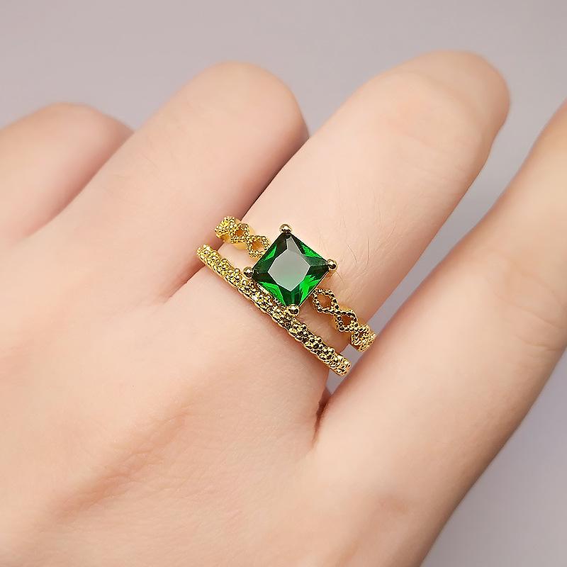 

Vintage Princess Style Imitation Emerald Square Red Corundum Ring Women S Light Luxury Lace Spinel Blue Diamond Ring Adjustable opening