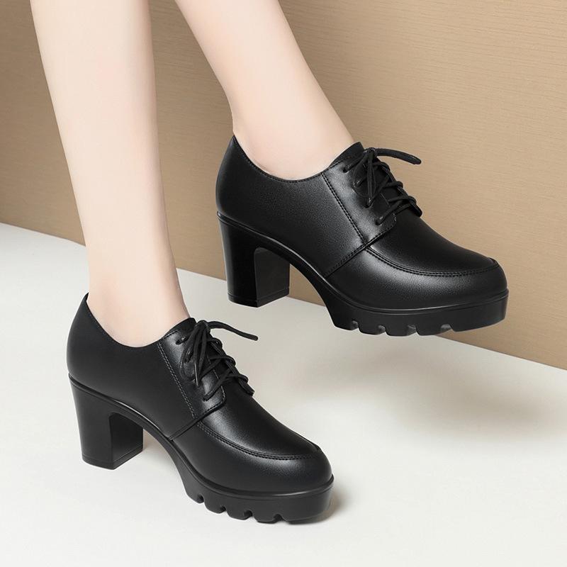 Spring and Autumn soft leather women's shoes black waterproof table high heel platform women's lace-up single shoes mother leather shoes