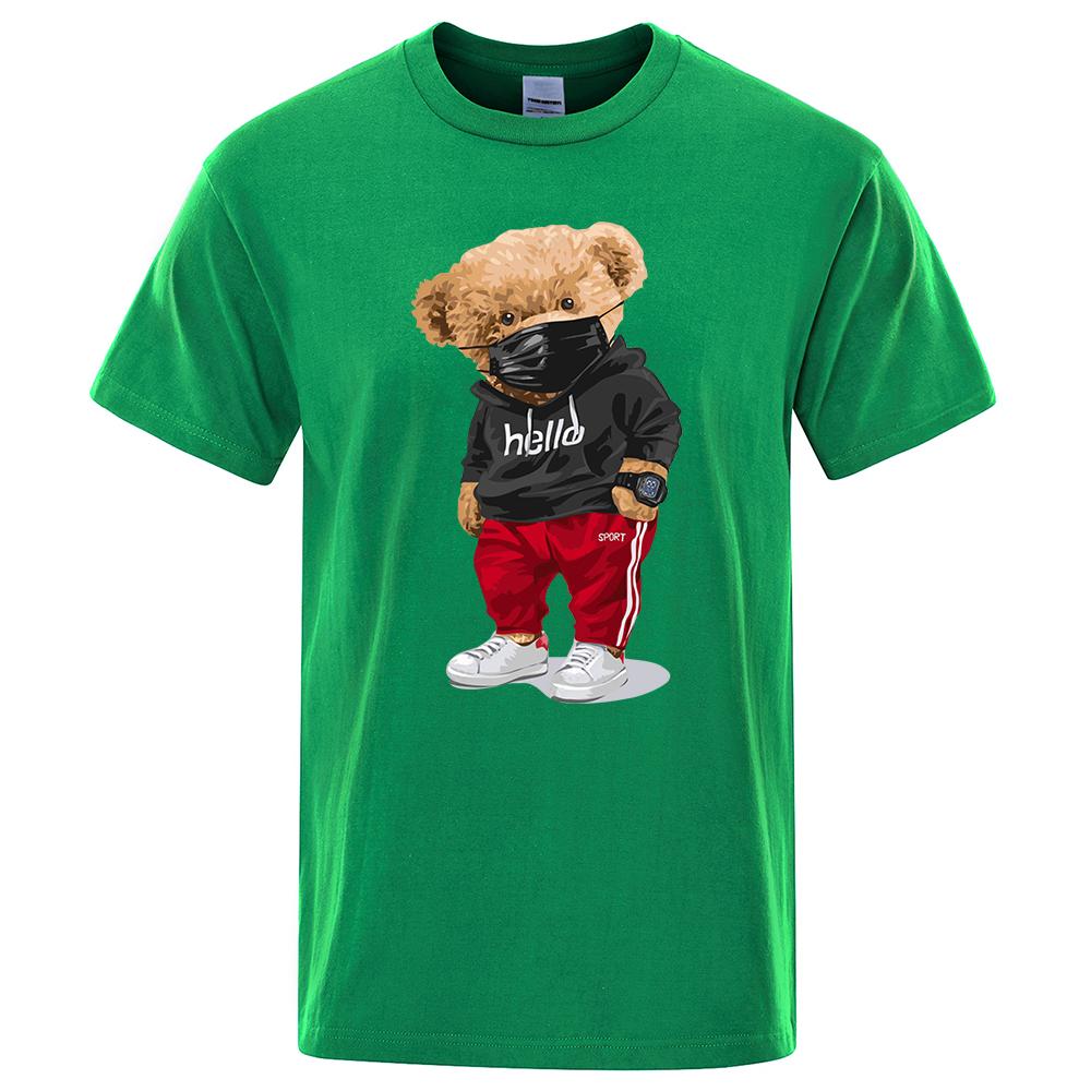 100% Cotton Sports Mask Bear Print Short-sleeved T-shirt male Half-sleeved Summer Casual Oversized T-shirt men Shirt S-3XL