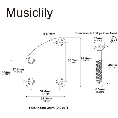 Musiclily Basic Heel Cut Neck Plate with 4-Point Neck Joint Board for Electric Guitar/Bass, Chrome