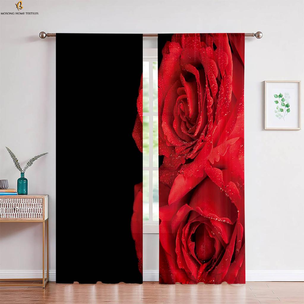Red Vintage Rose Flower 3d Printed Curtain Bedroom Living Room Study Window Decoration Curtain Home Decoration 2 Pieces