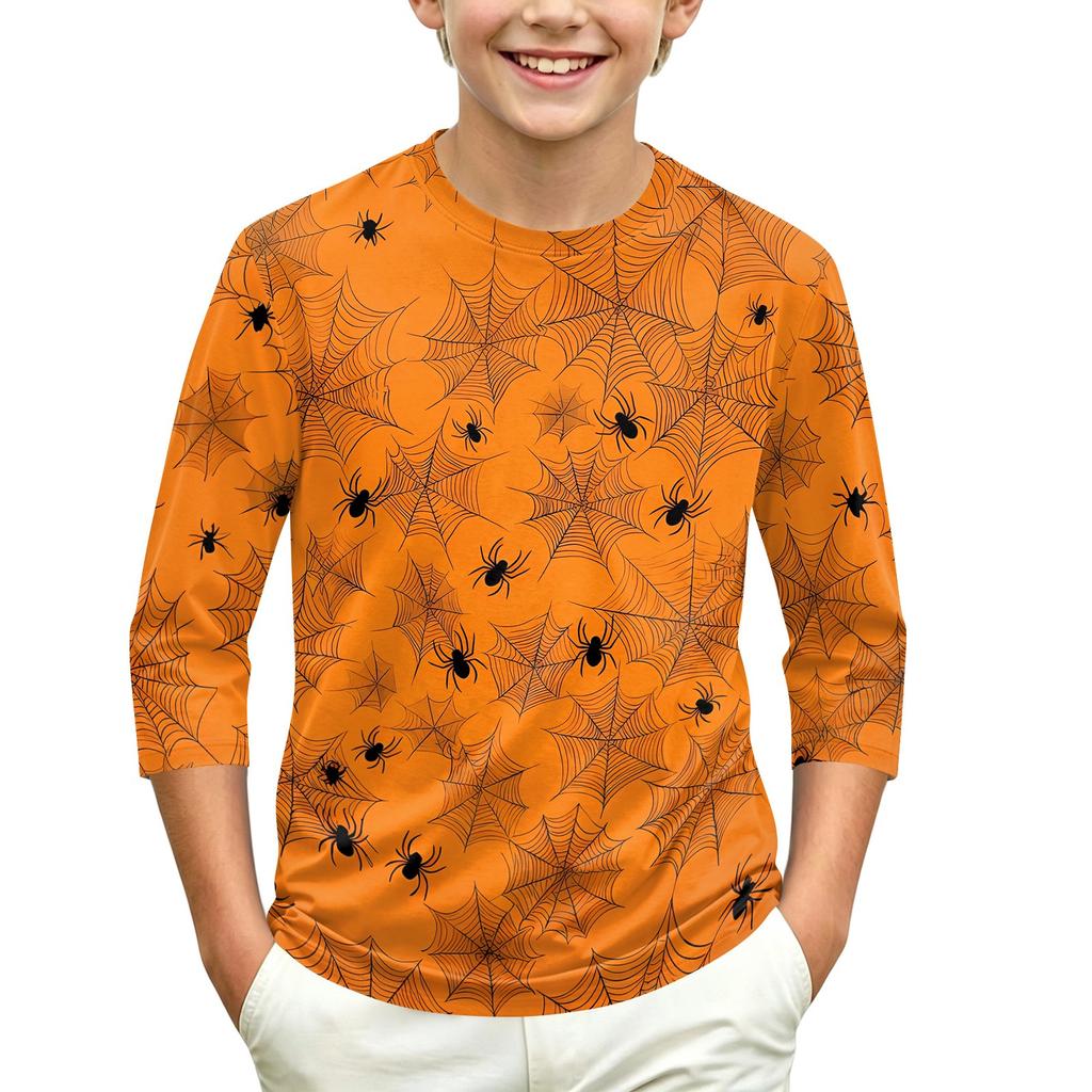 Children's Halloween Print Round Neck Three-Quarter Sleeve Top for Casual Everyday Wear