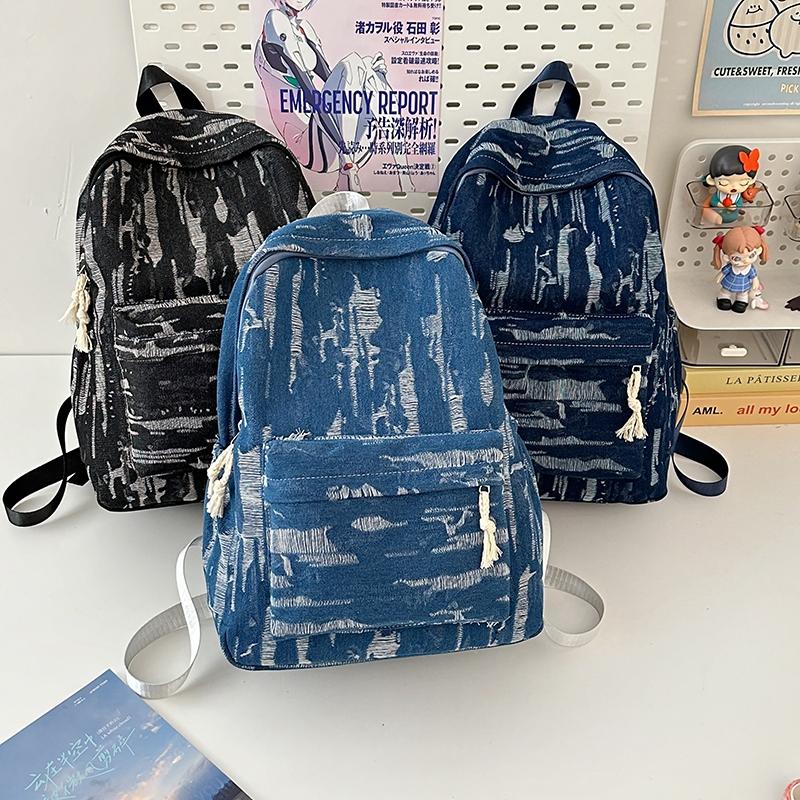 Denimryggsekk med stor kapasitet i collegestil, student-skolesekk, damereiseveske