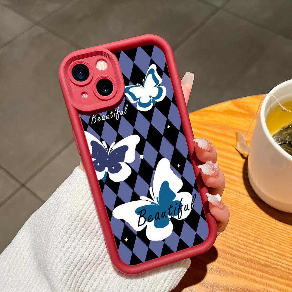 For iPhone 16 15 14 13 12 11 Pro Max XS Max XR X SE 8 7 Soft Silicone Butterflies Lozenge Shape Full Lens Protect Phone Case Cover