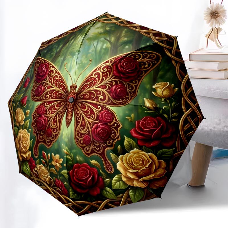 1pc Sturdy 8-Bone Auto Umbrella, Regal Purple Butterfly Wreath Umbrella, Digital Printed, Foldable Umbrella for On-the-Go Outdoor Use