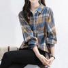 Spring Autumn Korean Plaid Loose Blouse Commute Single-breasted Women's Clothing Turn-down Collar Casual Pockets Spliced Shirt