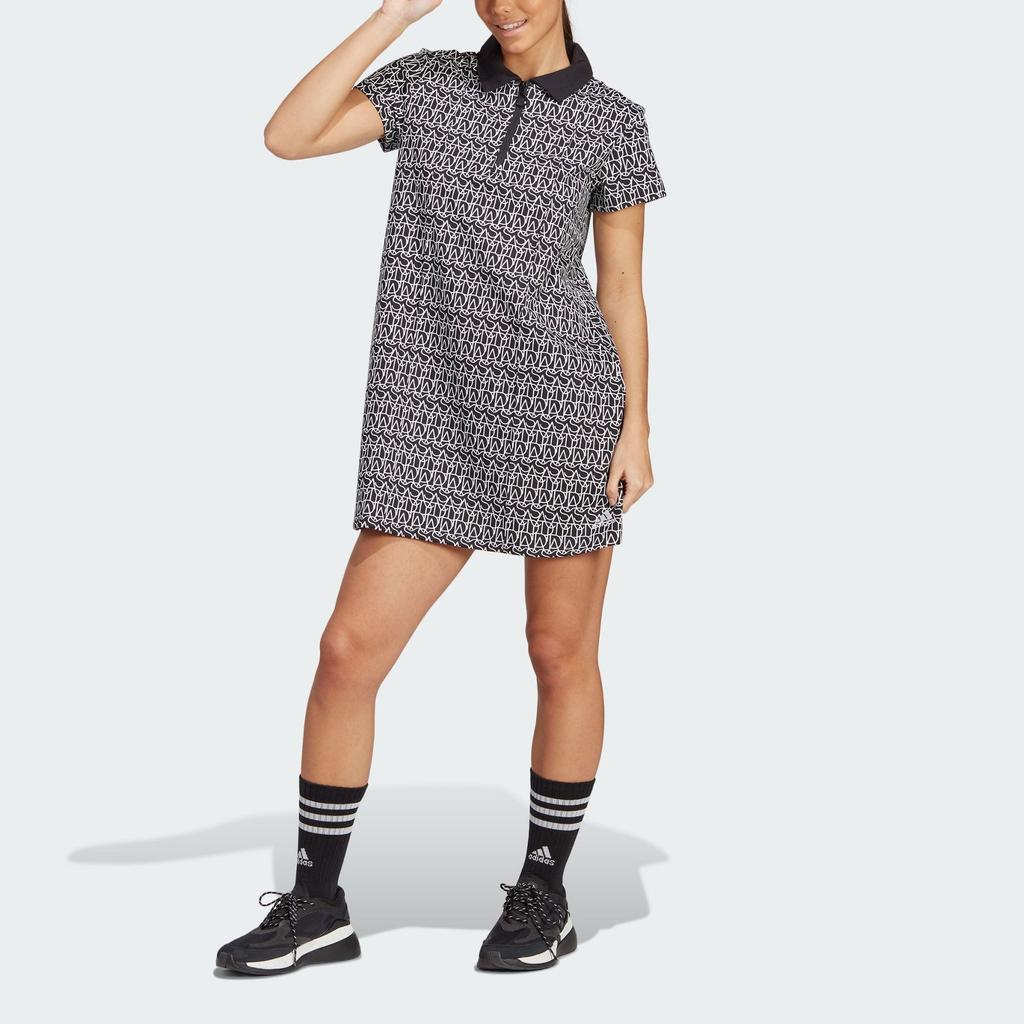 Adidas Allover-Print Polokragen Kurzarmkleid Damenkleid Schwarz IC5707