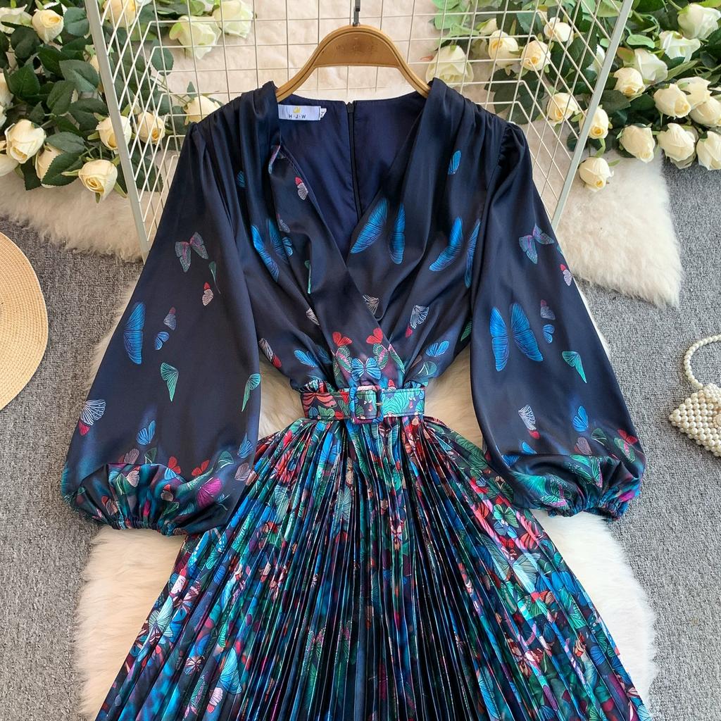 Spring Autumn Women Print Flower Runway Dresses V-neck Big Swing Long Maxi Pleated Holiday Party Dress With Belt