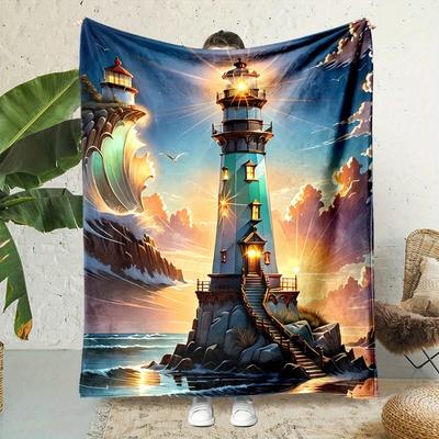 Leuchtturm Sonnenuntergang Decke Meeresblick mit Leuchtfeuer Malerisches Küstenkunst Design Weiche Flanell Überwurfdecke für Heimdeko Gemütliche Geschenkidee