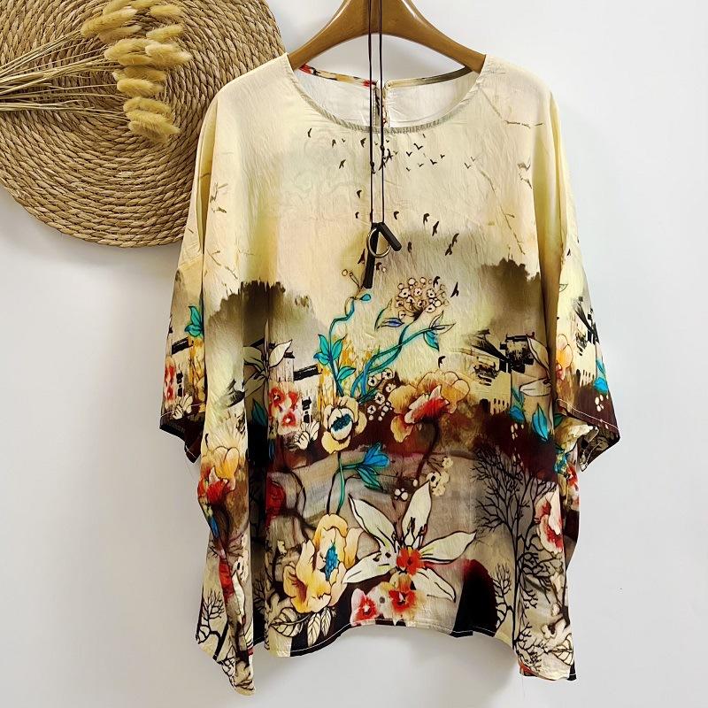 Letnia bawełniana lniana bluzka w stylu etnicznym z luźnym dużym rozmiarem, z okrągłym dekoltem, damska koszulka z krótkim rękawem