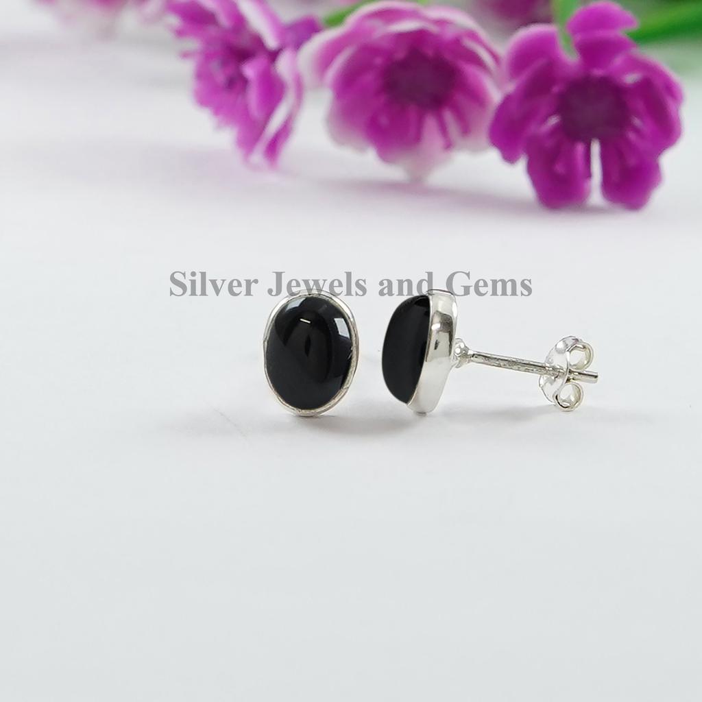 Natural Black Onyx Stud Earrings, 925 Sterling Silver Studs, Oval Black Onyx Studs, Gift for Mom, December Birthstone, Handmade Silver Studs