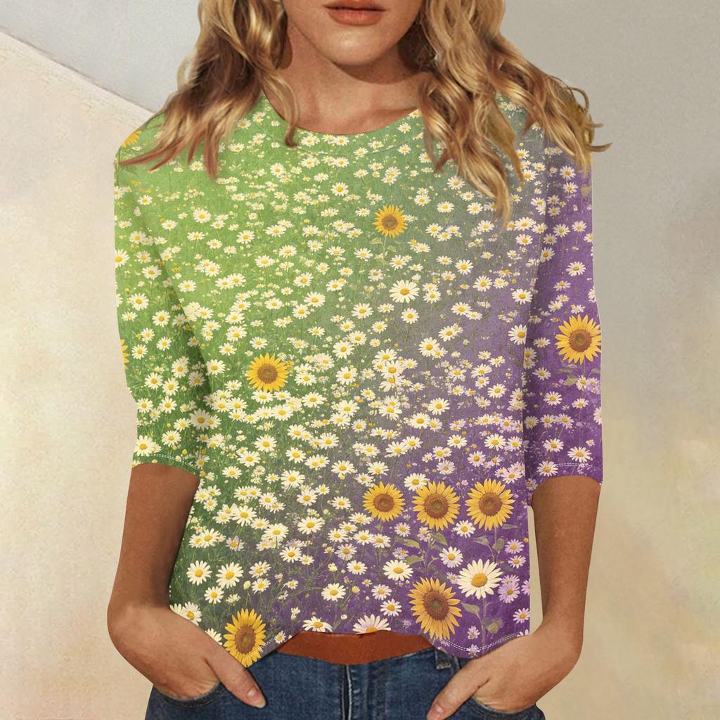 Women Casual Floral Print Round Neck Three Quarter Sleeve Top Lightweight Comfortable Fit Stylish Design Suitable for Everyday Wear