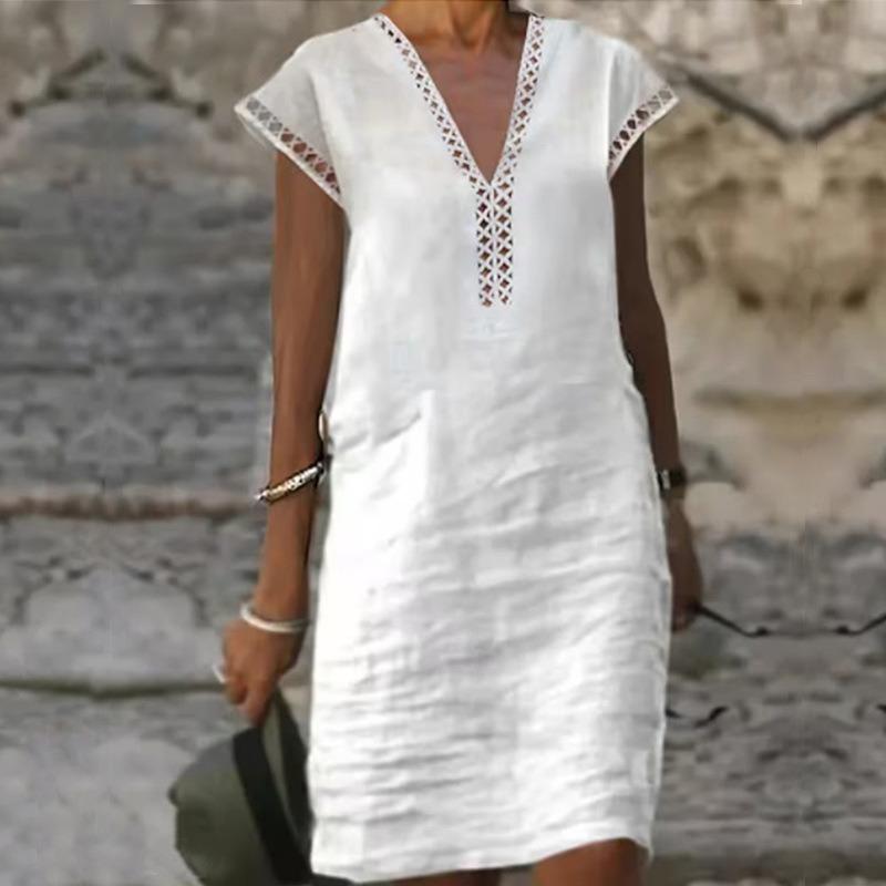 Summer New Women's Casual Lace Solid Color Cotton and Linen Dress