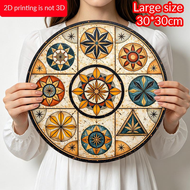 2D Flat, 1pc Round Vintage Mosaic Geometric Pattern Metal Sign, Metal Wall Door Hanging Decor, Suitable for Placing in Room/Restaurant/Bar/Front