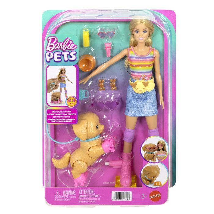 Poupée mannequin - Barbie - Et son Chiot sur Patins a Roulettes - 16 accessoires inclus - Des 3 ans
