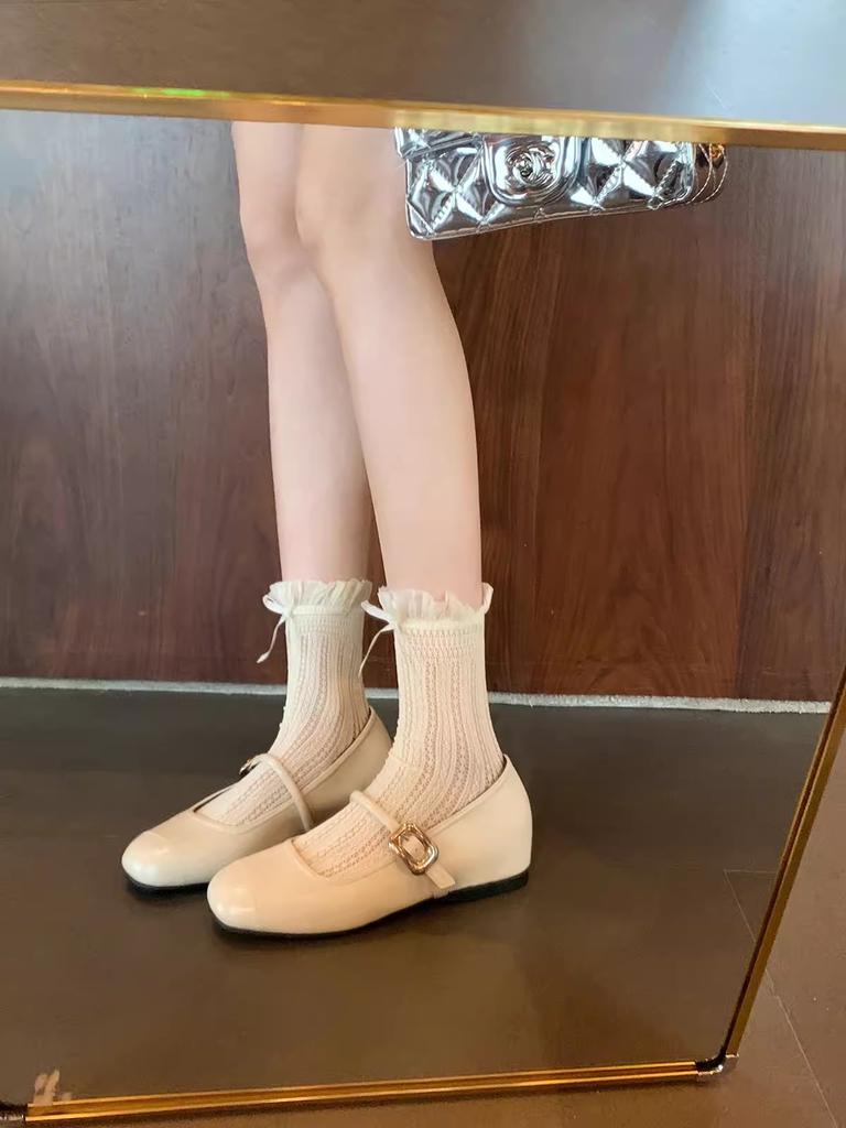 Cowhide Version~ Grape Mother Same Leather Square Head Shallow Mouth One Word with Flat Bottom Inner Height Increase Mary Jane Shoes Women's Single 