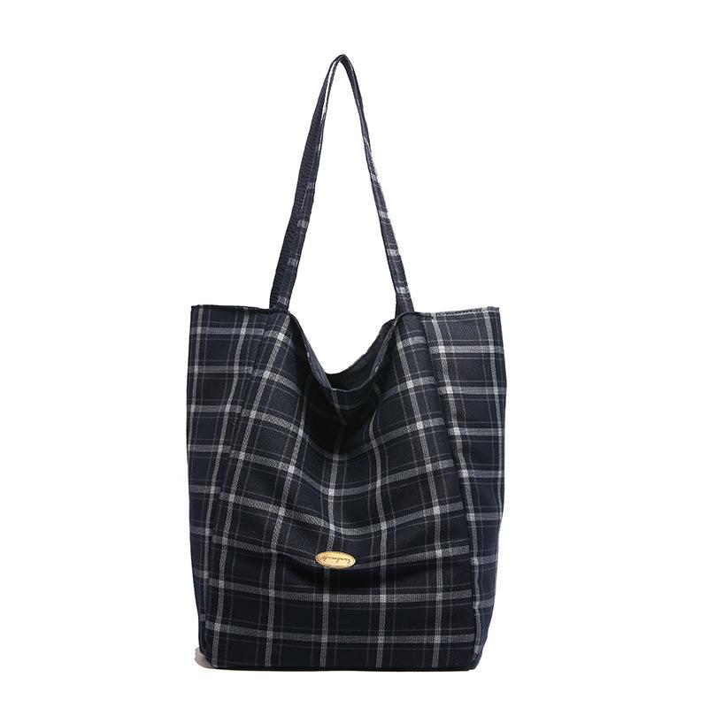 Casual relaxation large-capacity bag women's 2025 new autumn and winter canvas plaid shoulder bag double-sided tote bag