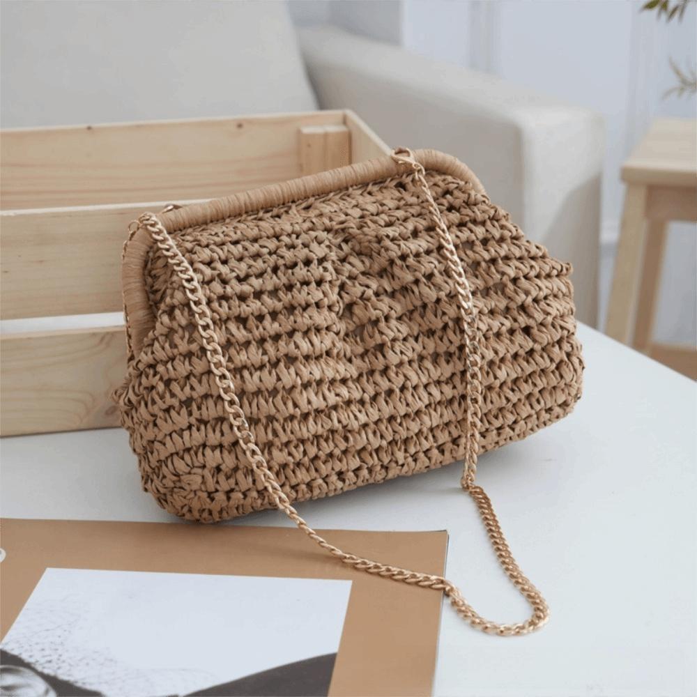 New Large Capacity Straw Woven Bag Solid Color Straw Weaving Straw Crossbody Handbag with Chain Strap Shoulder Bag Beach