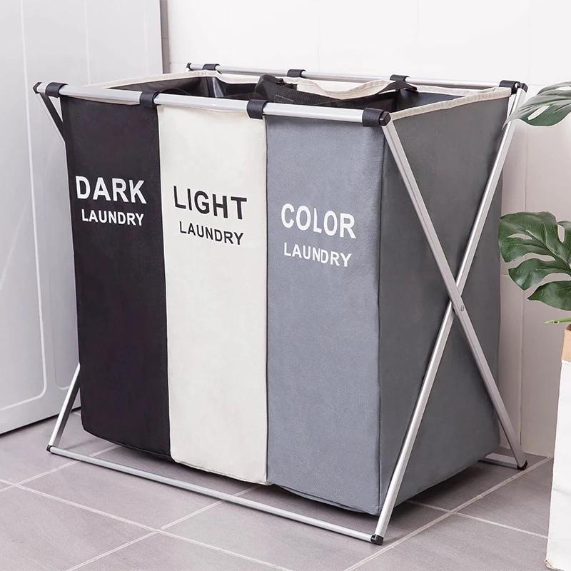 Foldable Three-Compartment Household Laundry Basket Waterproof Large-Capacity Oxford Cloth Dirty Clothes Sorting Storage Bag