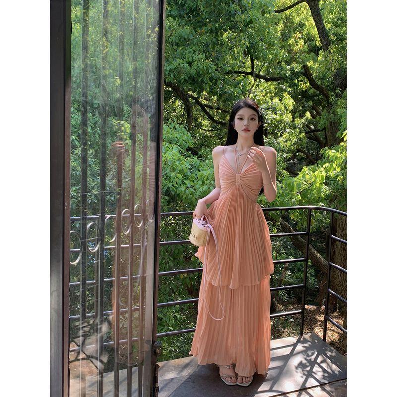 

Kumikumi French style Pleat Patchwork Sling Dress Women Summer Elegant Chic Fake Two-Piece A- line Skirt Long dress Flesh pink L