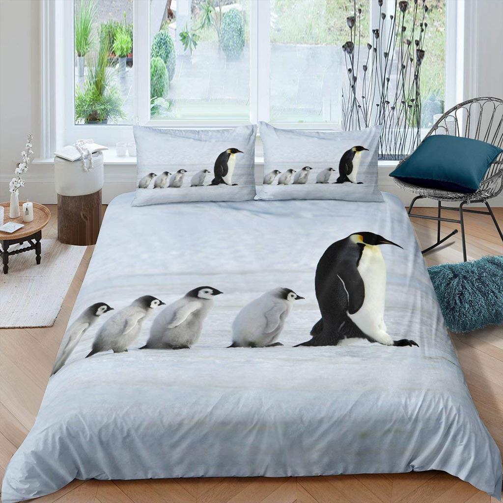 Penguin Duvet Cover Set Antarctic Animals Bedding Set For Kids Boys Girls Cartoon Style King Size Winter Theme Comforter Cover