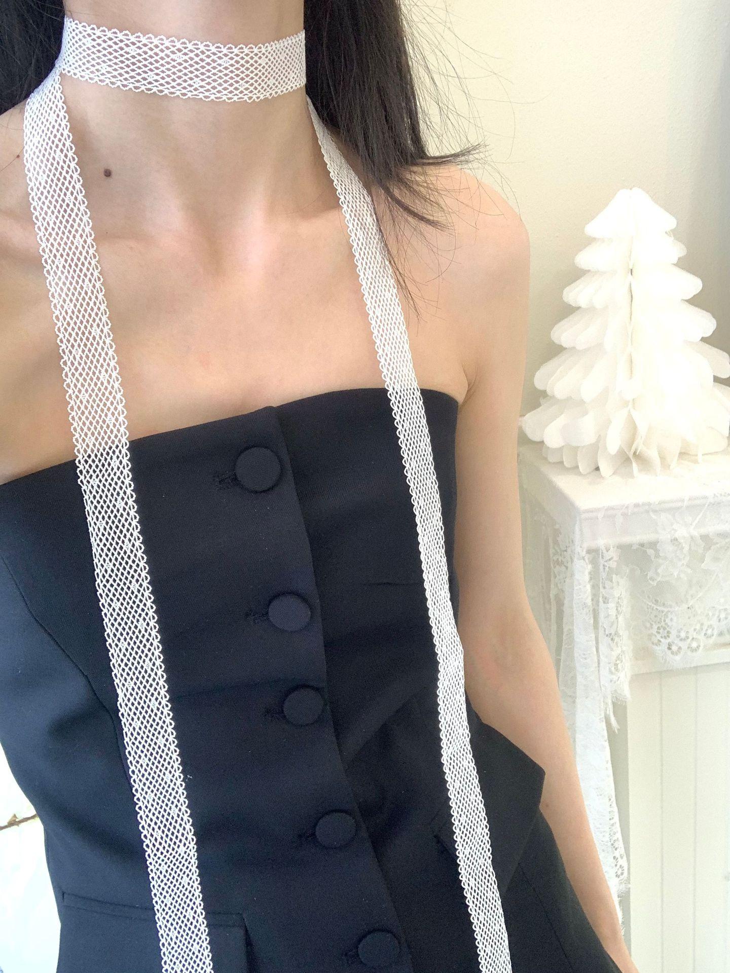 2025 new spring and summer black and white lace streamer thin and narrow women s versatile clavicle neck strap silk scarf with 1-168