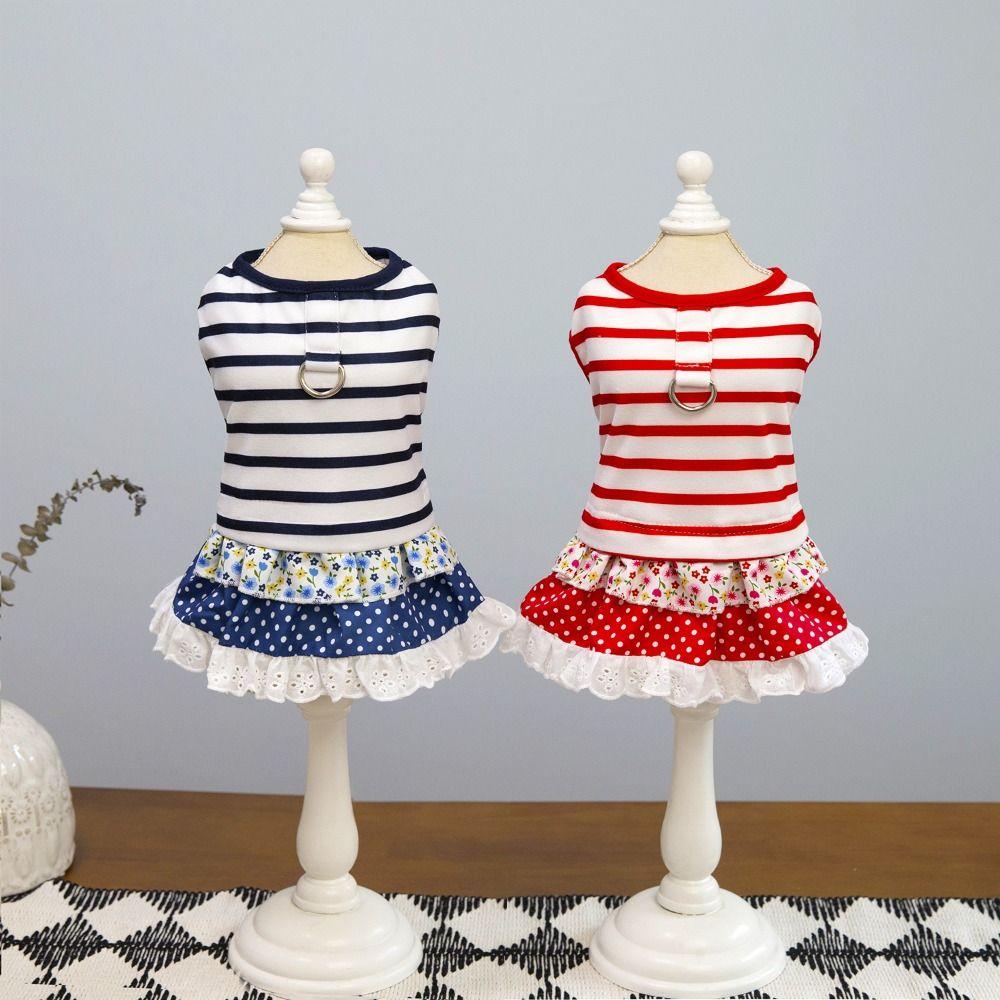 Soft Striped Dog Dress Cute Cat Vest Harness Fashion Pet Princess Lace Skirt  for Puppy Kittens