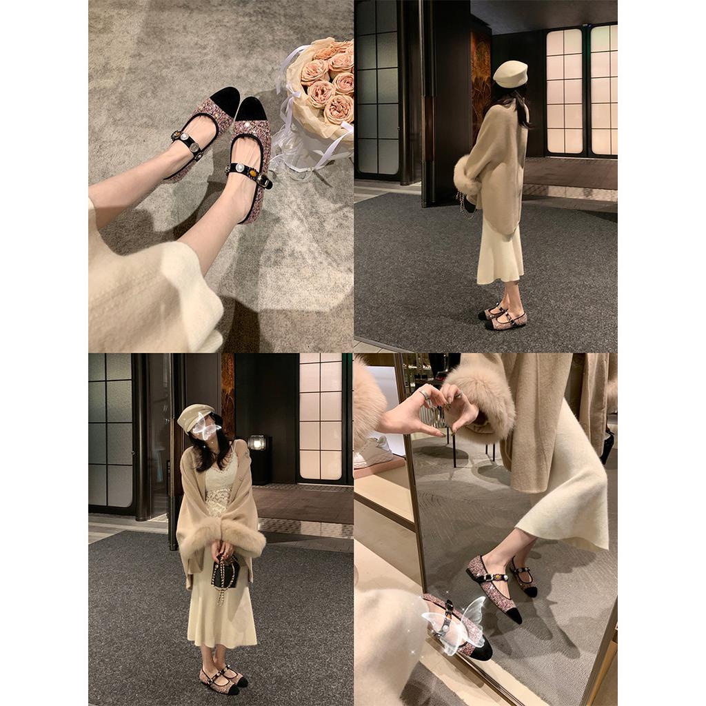 Sheepskin Princess Anne Tweed Badge Buckle Mary Jane Single Shoes Women's Banquet Wedding Shoes