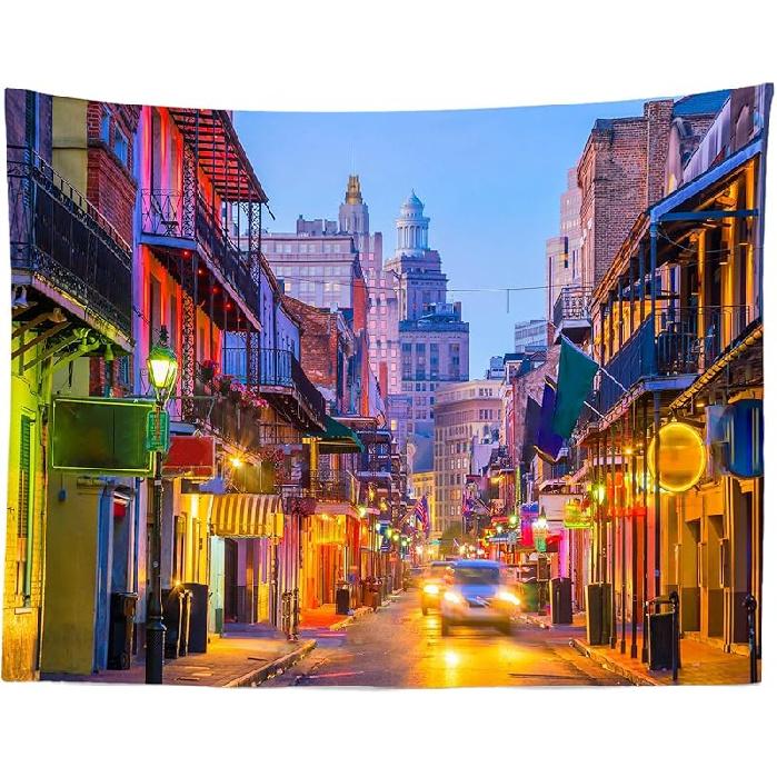 Loccor 80''x60'' New Orleans Bourbon Street Tapestry Mardi Gras New Orleans Nightlife Street Pubs and Bars with Neon Lights Tapestry Wall Hanging