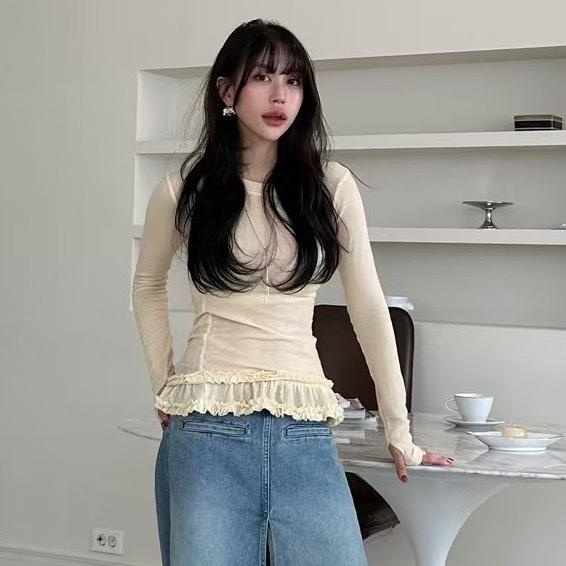 Korean Style 2026 Spring/Autumn Lace Trim Sheer Long Sleeve Women's Top