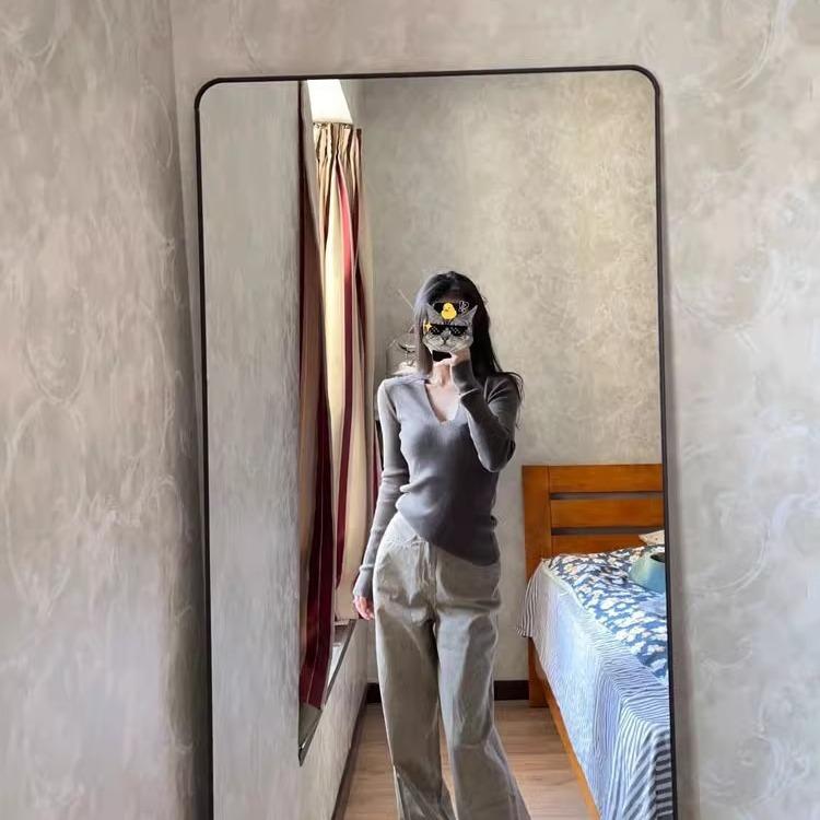 Instagram Baddie V-Ausschnitt Stricktop Damen Frühling Herbst Winter Basisschicht Slim Fit Taillenbetonend Enganliegend Normale Ärmel Lange Bluse