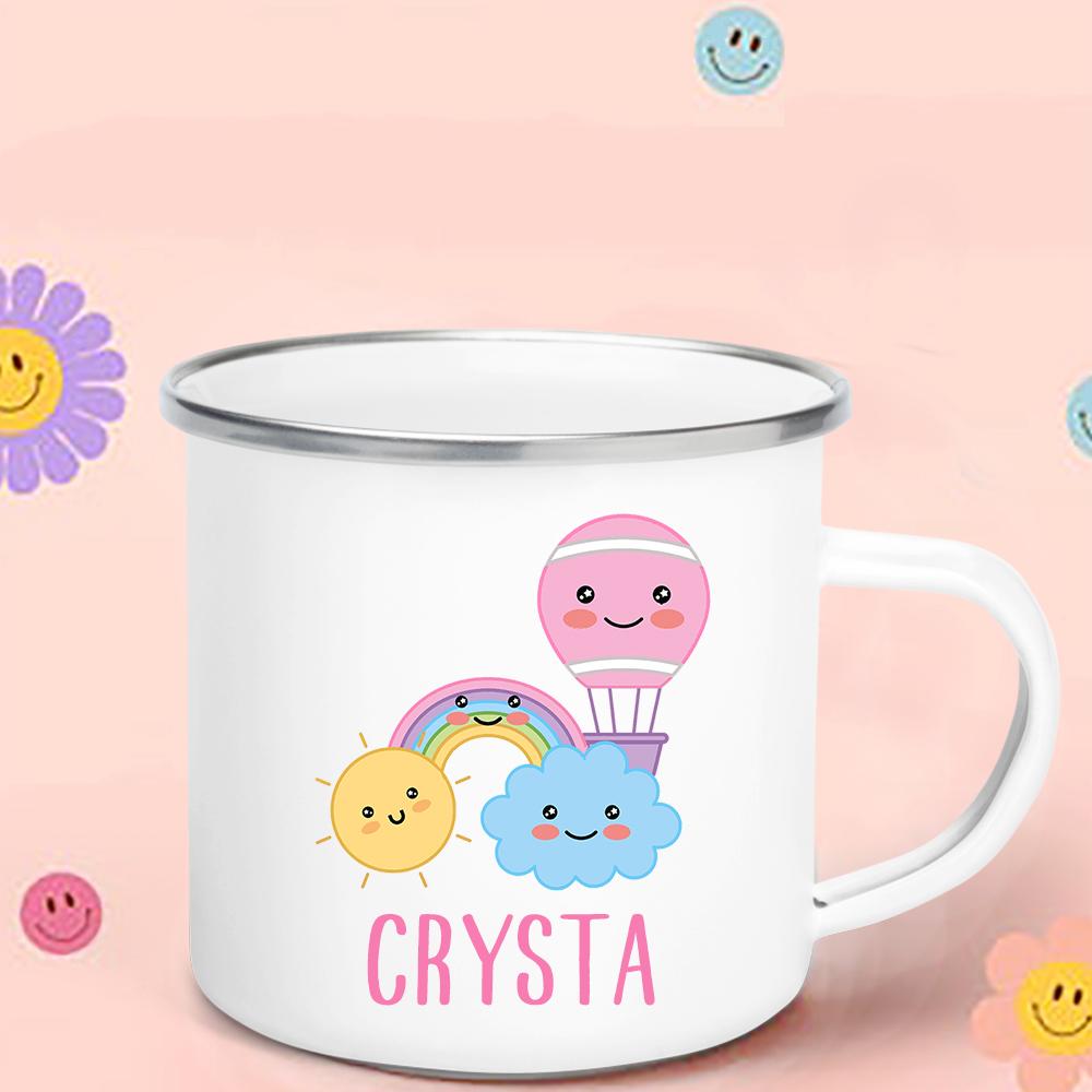 Regenbogen-Wolken-Print Emaille Kaffeetasse Wasser-Milch-Becher Personalisierter Name Kindergeburtstag Party Dekoration Weihnachten Kindertag Neujahrsgeschenk