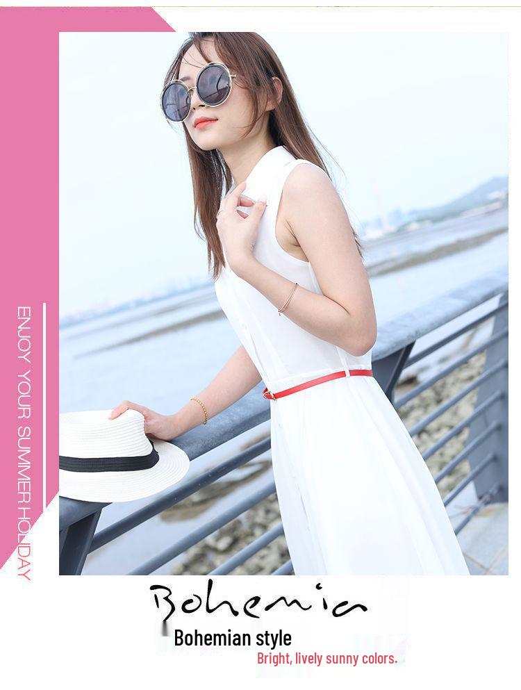 Solid Color Sleeveless Chiffon Dress with Shirt Collar - Slimming and Stylish Fairy Design for the Holidays
